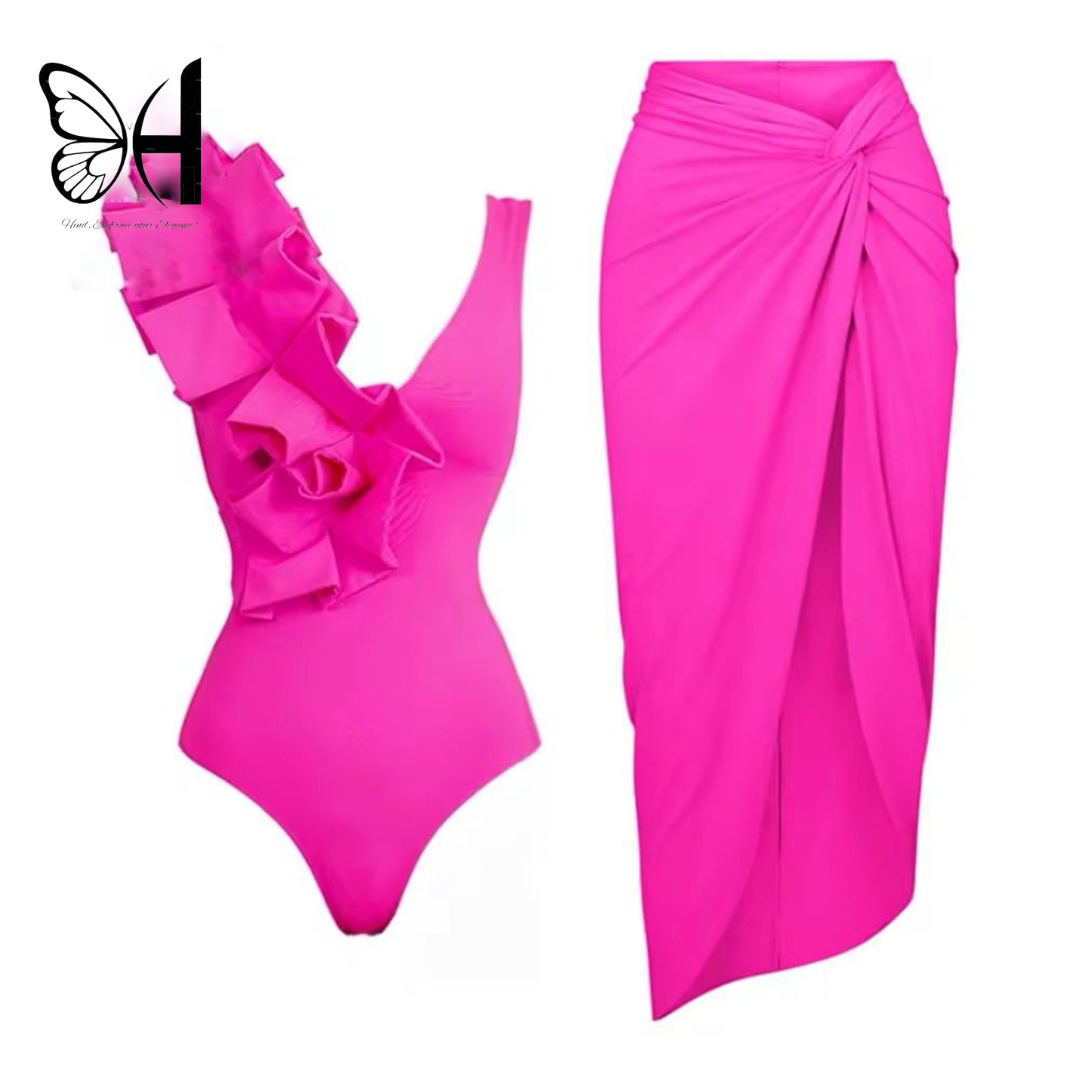 Luxury Hot Pink Swimsuit with long skirt