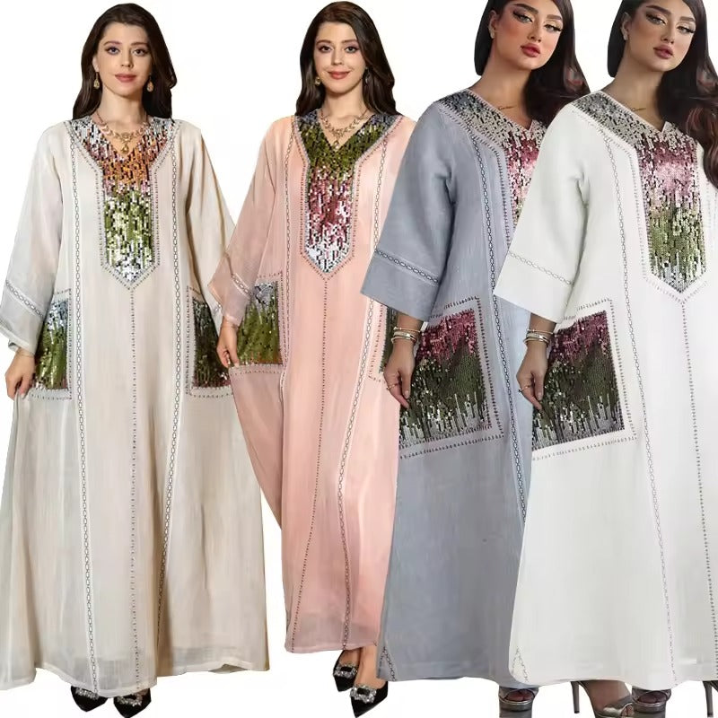 Women's V-neck Long Sleeve Dubai Pearl Sequin Embroidered Dress